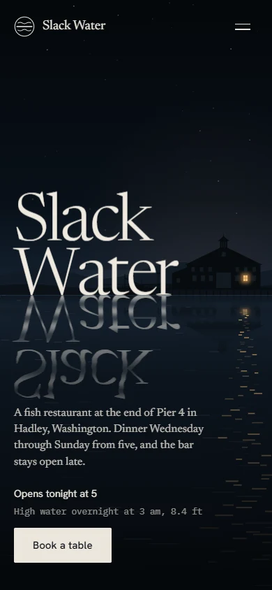Mobile view of the Slack Water homepage